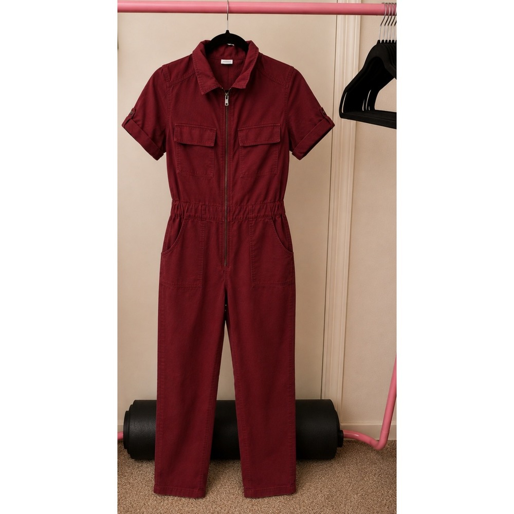 Everlane The Fatigue Jumpsuit Cabernet Red Cotton Twill Zip Front Coverall